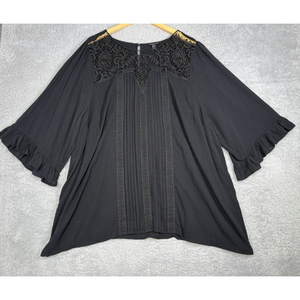 Torrid Womens Size 4 Black Lace Tunic Blouse Pintuck Ruffle Sleeve Boho Plus - Picture 6 of 11
